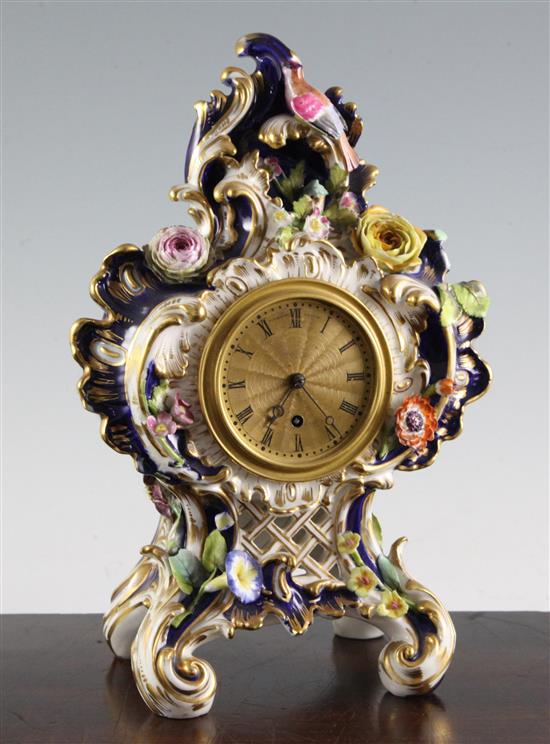 A Coalport Coalbrookdale porcelain mantel clock, height 24cm, slight losses